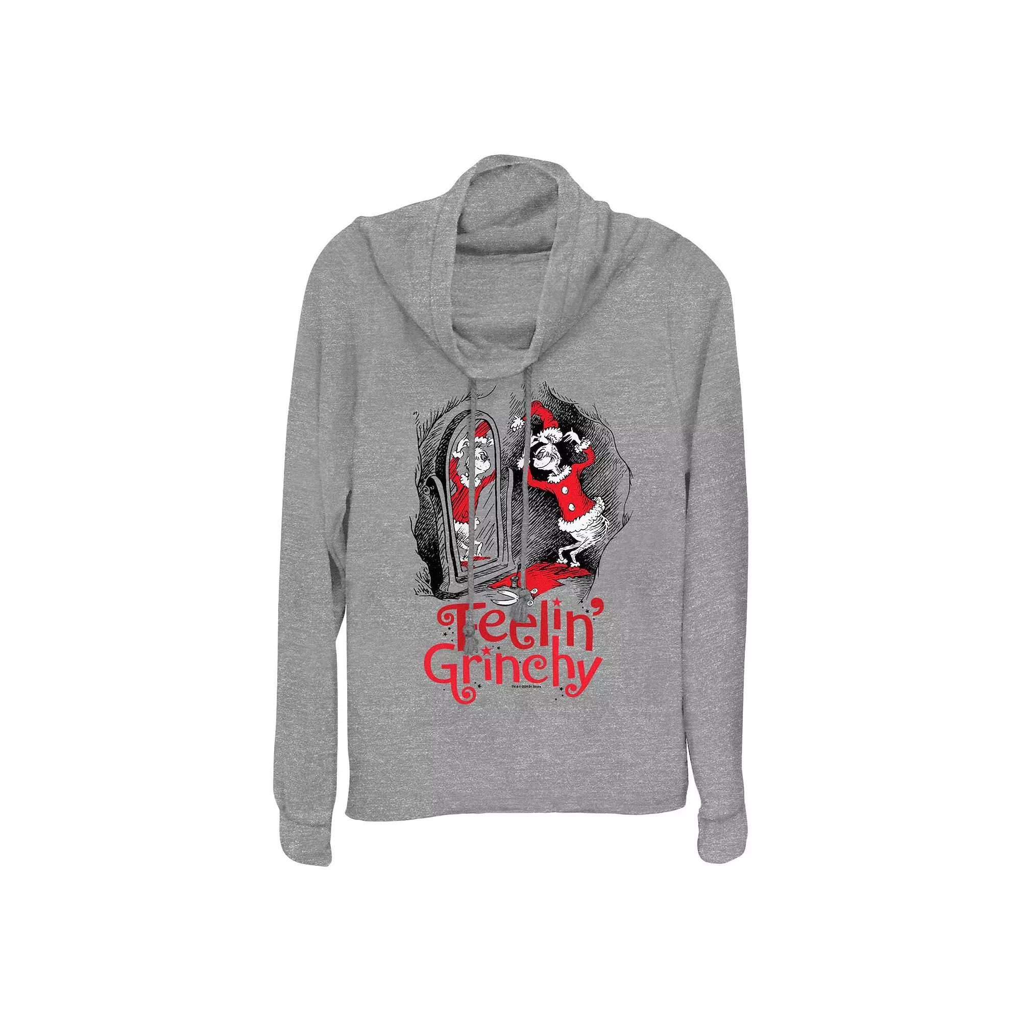 Women's Dr. Seuss Feeling Grinchy Cowlneck Graphic Lightweight Long Sleeve, Size: Small, Gray Grey Product Image