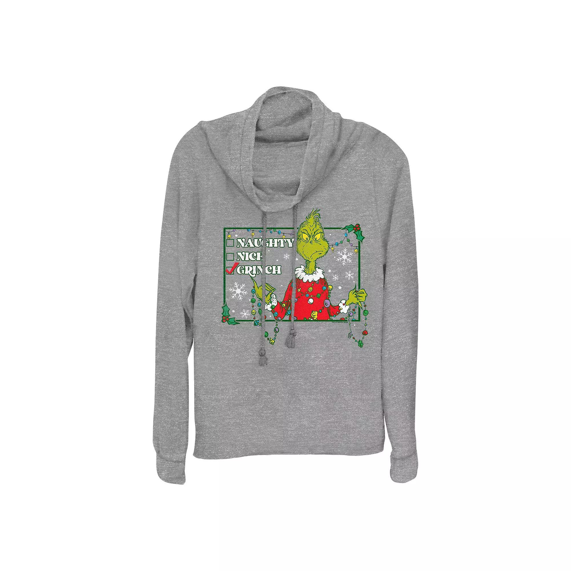 Women's Dr. Seuss Grinch Naughty Or Nice Checklist Cowlneck Graphic Lightweight Long Sleeve, Size: Small, Gray Grey Product Image