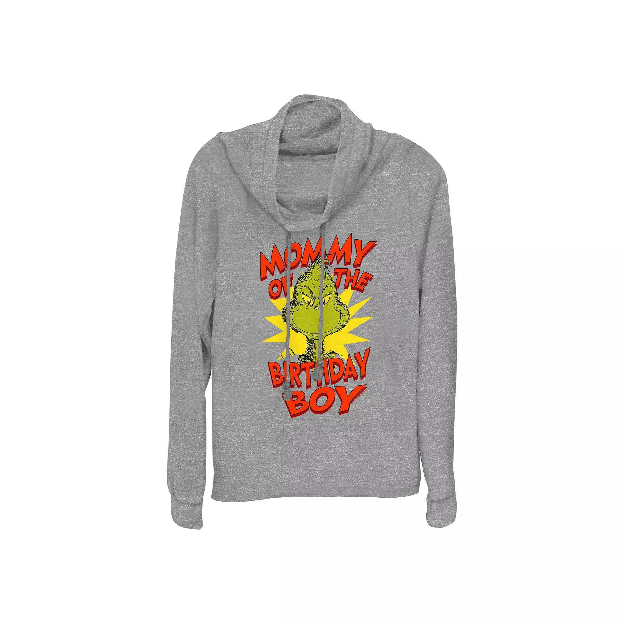 Women's Dr. Seuss Grinch Mommy Of The Birthday Boy Cowlneck Graphic Lightweight Long Sleeve, Size: Small, Gray Grey Product Image