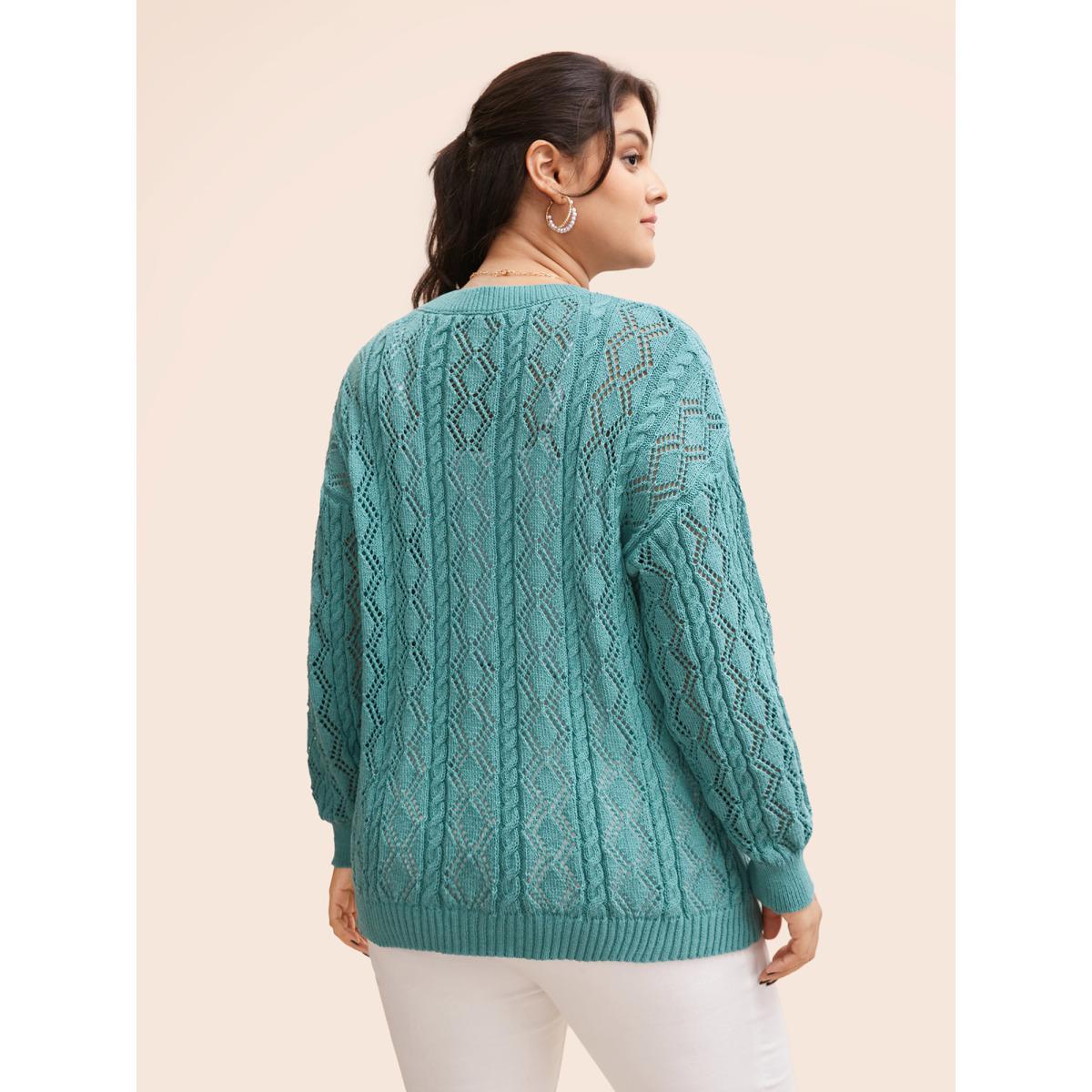 Plus Size Texture Cut Out Drop Shoulder Pullover Teal Women Casual Loose Three Quater Length Sleeve Round Neck Everyday Pullovers BloomChic 18-20/2X Product Image
