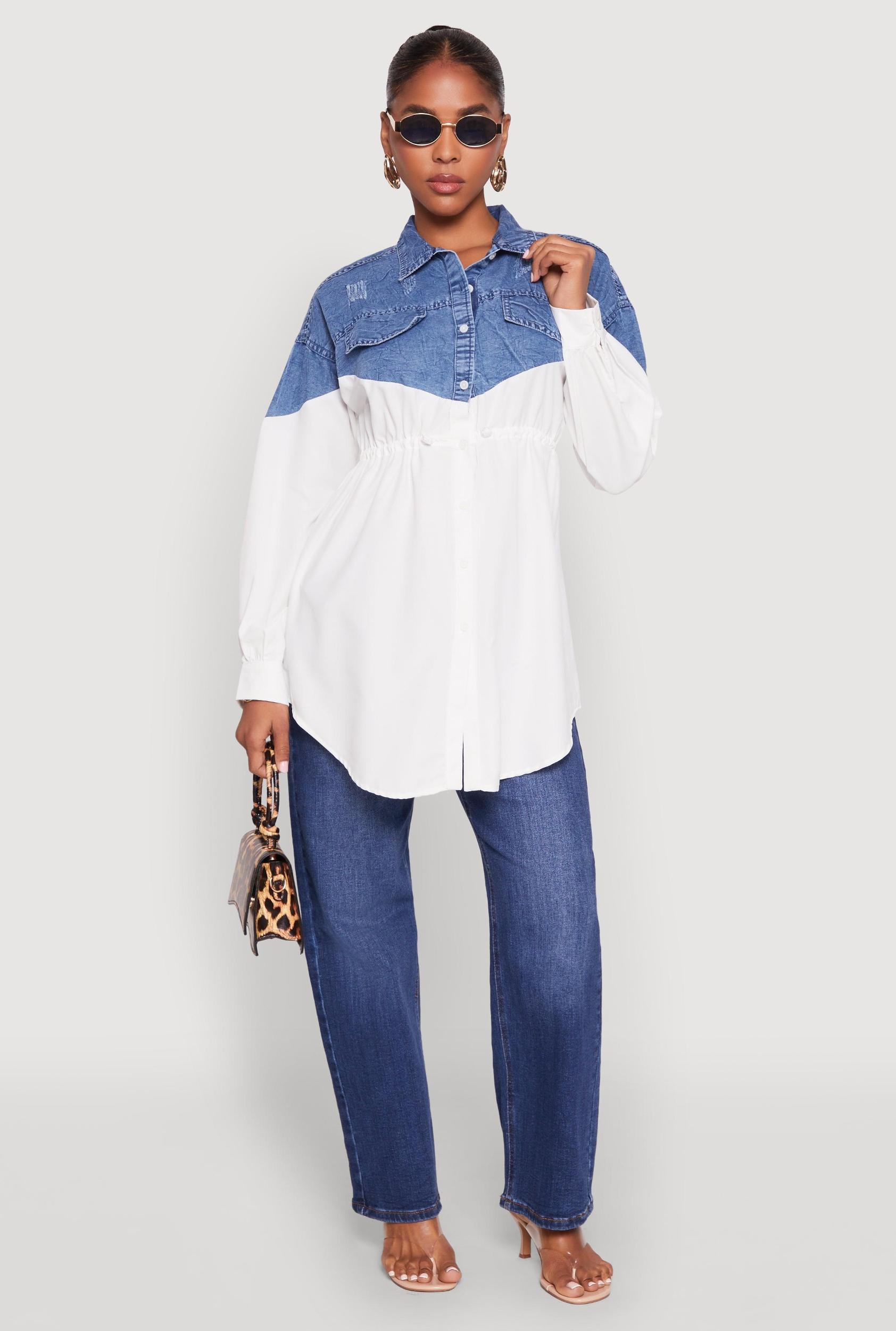 Womens Denim Detail Distressed Tunic Shirt Product Image