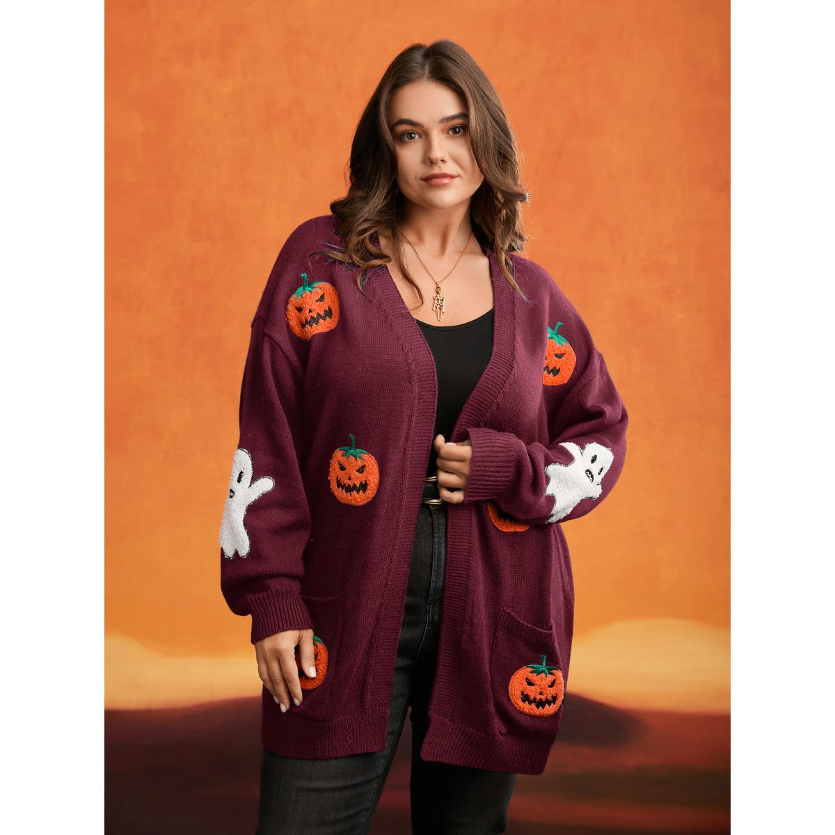 Plus Size Pumpkin Ghost Embroidery Open Cardigan Burgundy Women Casual Loose Long Sleeve Everyday Cardigans BloomChic 26/4X Product Image