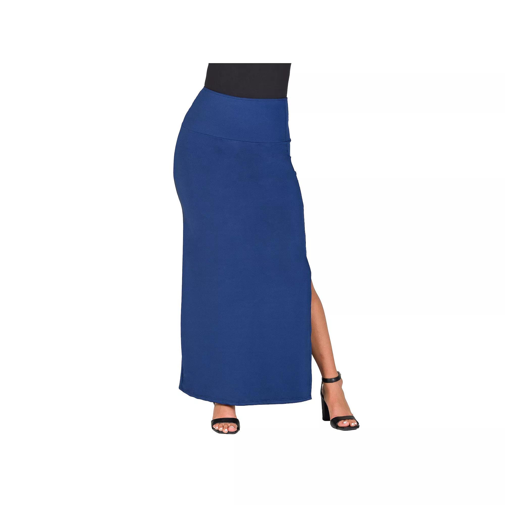 Women's 24Seven Comfort Apparel Versatile Side Slit Elastic Waist Maxi Skirt, Size: Medium, Blue Product Image