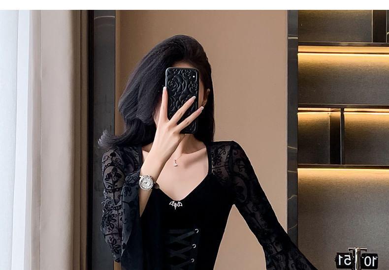 Long-Sleeve Lace-Up Velvet Mini A-Line Dress Product Image