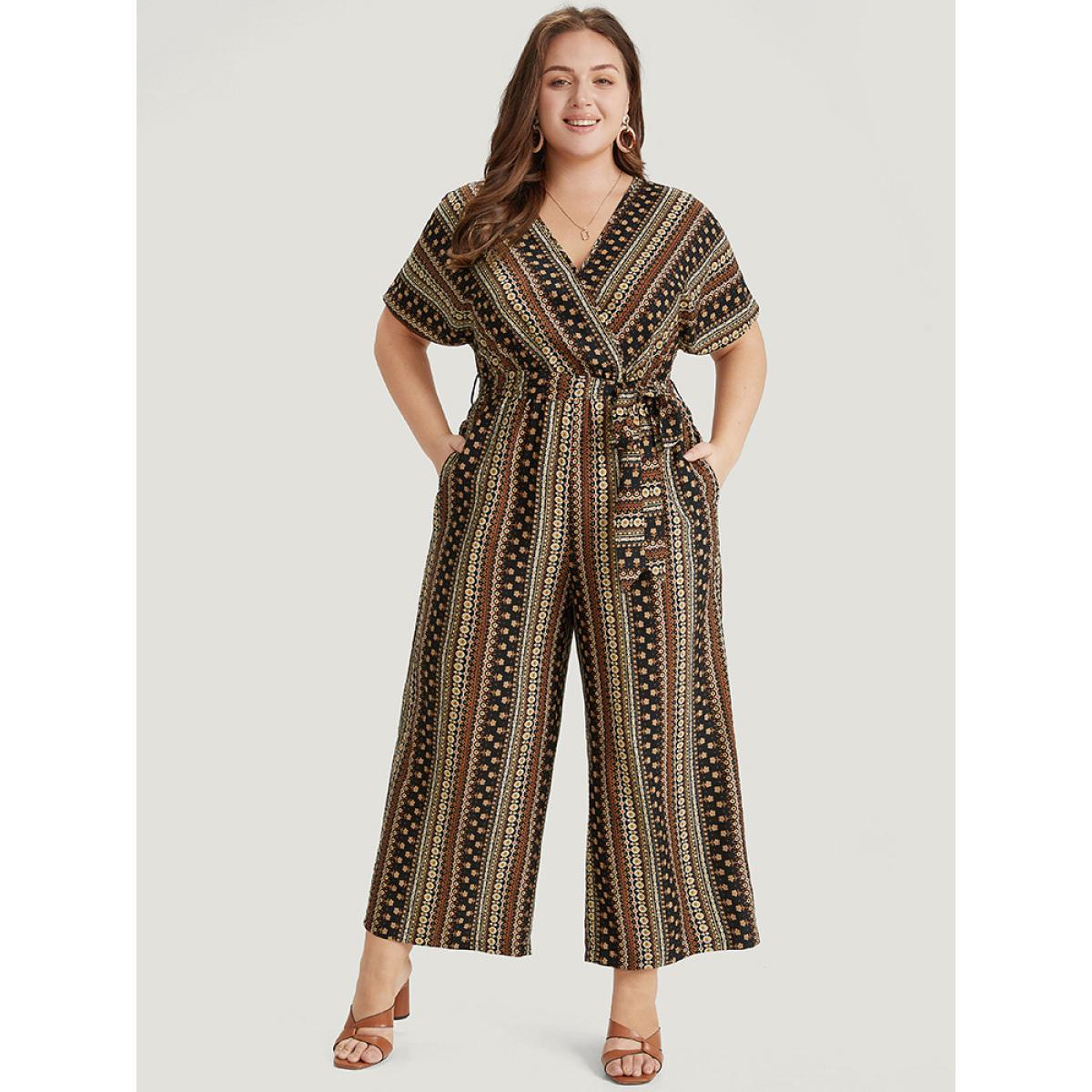 Plus Size DarkBrown Bandana Print Surplice Neck Belted Ruffle Sleeve Jumpsuit Women Elegant Short sleeve V-neck Dailywear Loose Jumpsuits BloomChic 28/5X Product Image