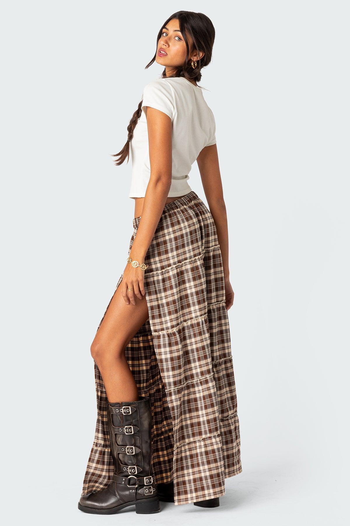 Plaid Side Slit Tiered Maxi Skirt Product Image