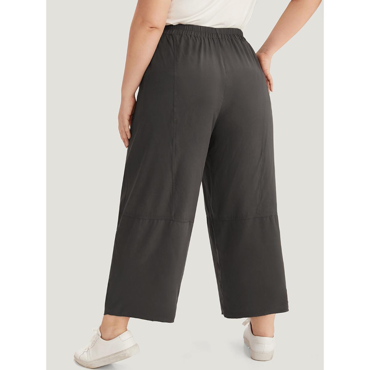 Plus Size Plain Elastic Waist Ties Pocket Pants Women DarkBrown Casual Straight Leg High Rise Dailywear Pants BloomChic 26/4X Product Image