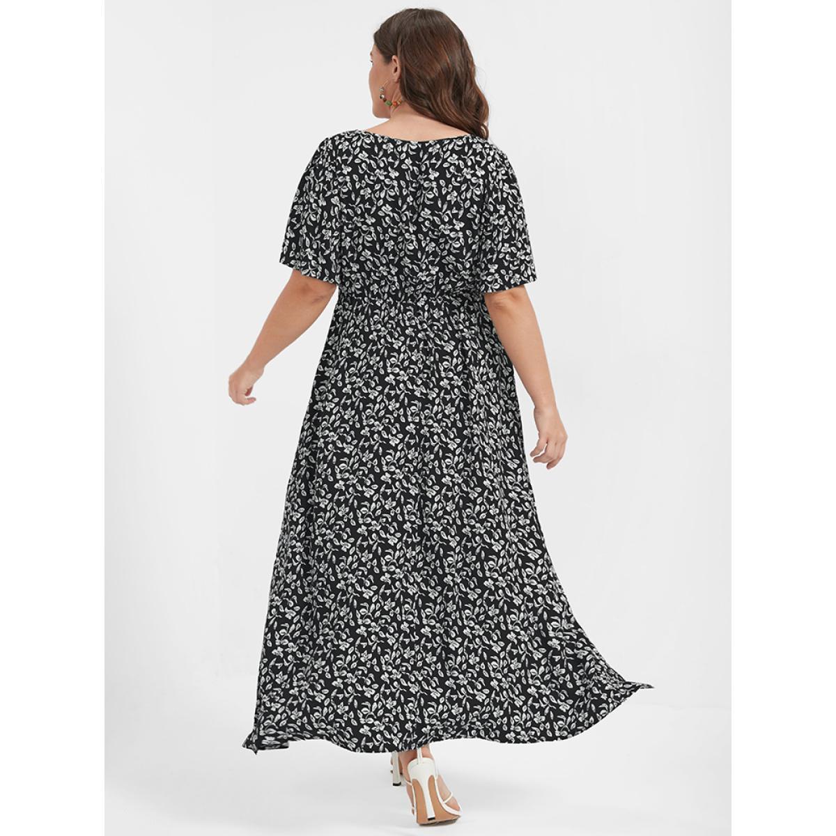 Plus Size Ditsy Floral Button Lace Pocket Split Ruffles Maxi Dress Black Women Elegant Printed V-neck Short sleeve Curvy Long Dress BloomChic 10/M Product Image