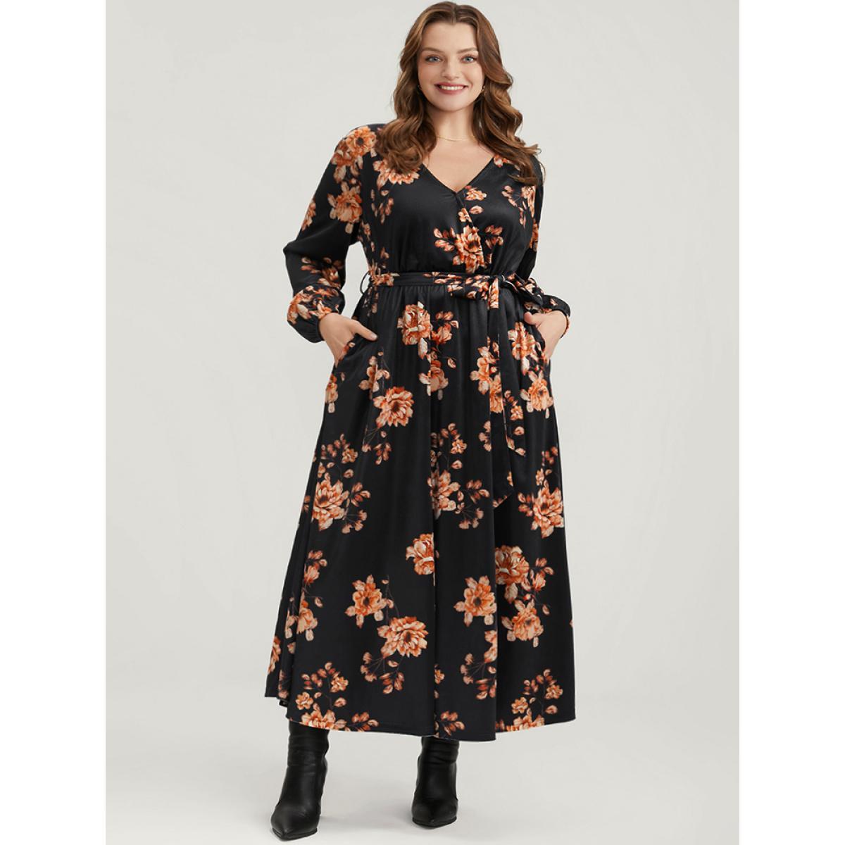 Plus Size Floral Lantern Sleeve Belted Surplice Neck Velvet Maxi Dress Black Women Elegant Cross straps V-neck Long Sleeve Curvy Long Dress BloomChic 18-20/2X Product Image