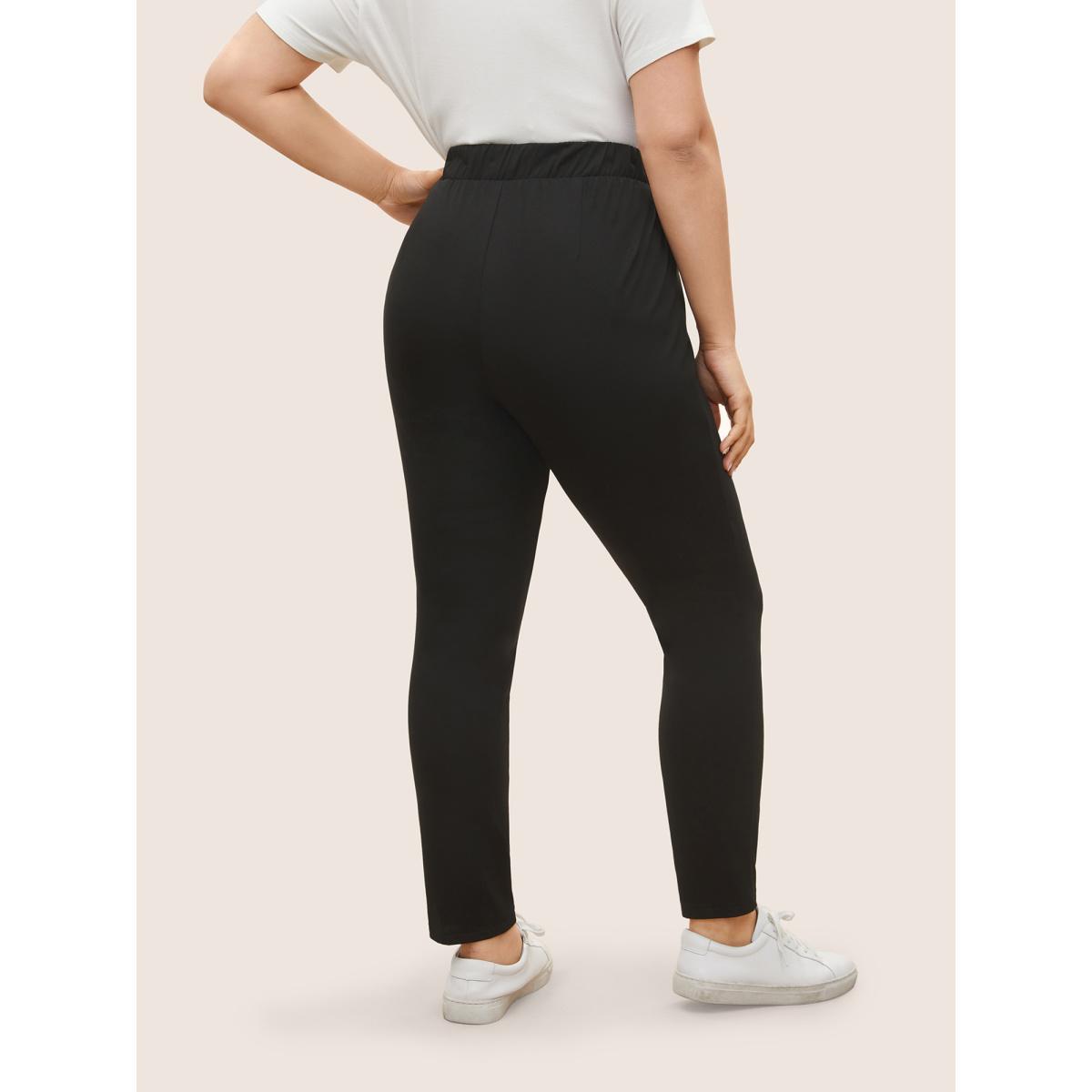Plus Size Plain Elastic Waist High Rise Slim Pants Women Black At the Office High Rise Work Pants BloomChic 18-20/2X Product Image