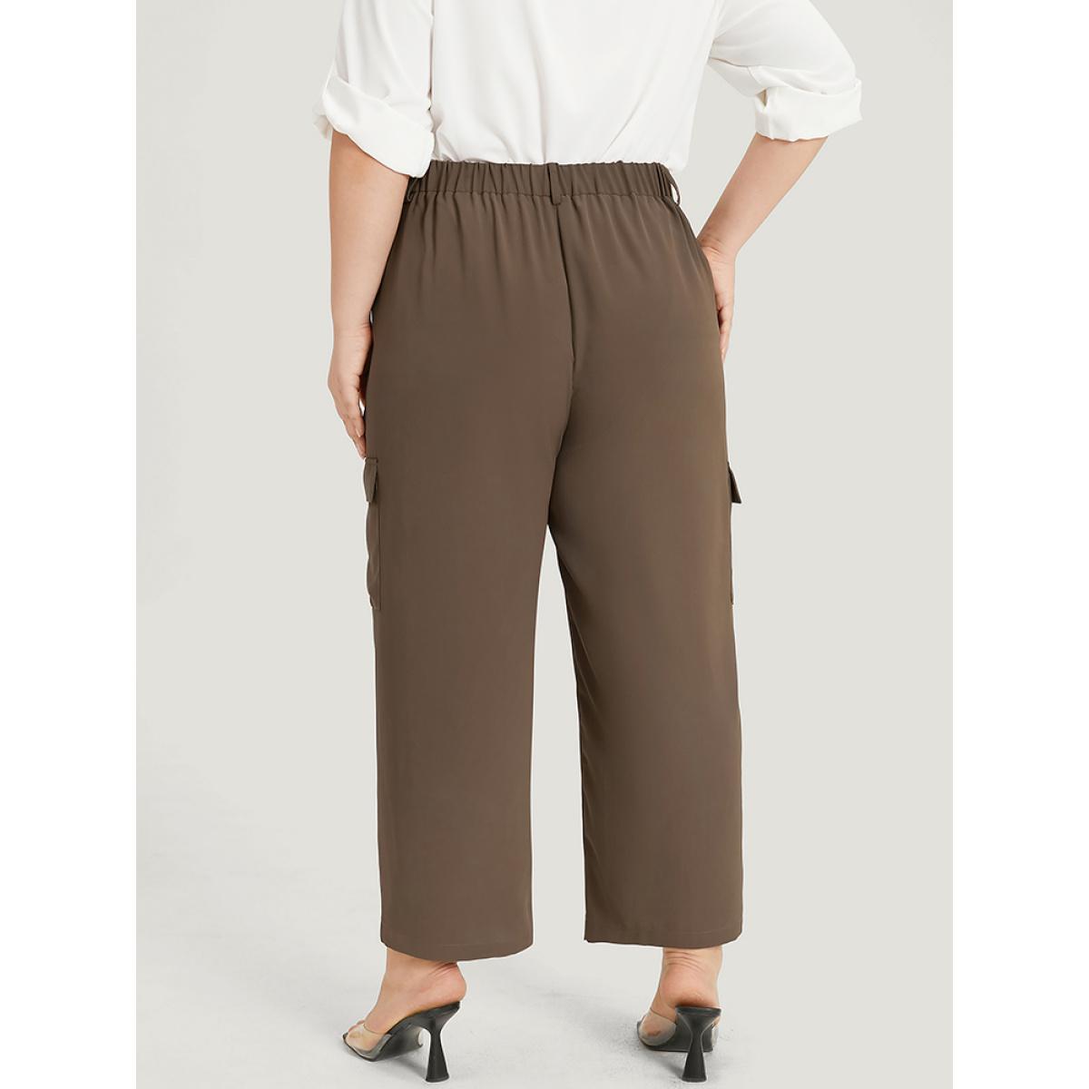 Plus Size Plain Pocket Elastic Waist High Rise Pants Women DarkBrown Office Straight Leg High Rise Work Pants BloomChic 28/5X Product Image