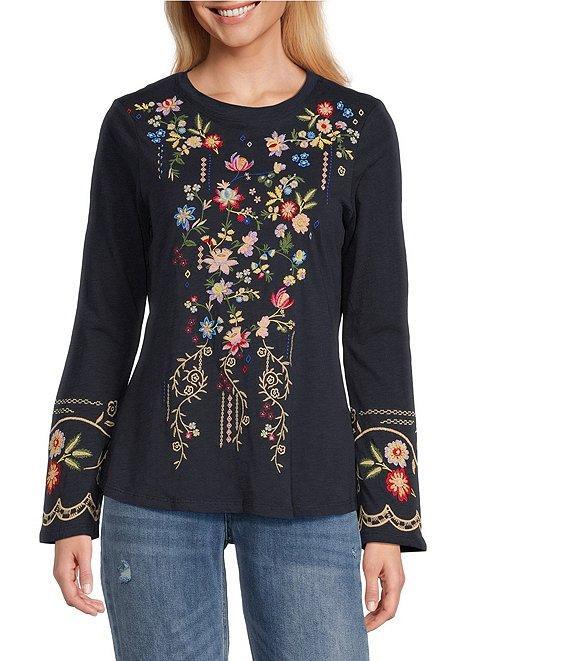 Reba Jersey Knit Floral Embroidery Crew Neck Long Bell Opening Sleeve T-Shirt Product Image