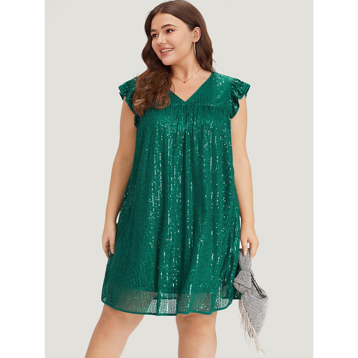 Plus Size Sequin Mesh Pocket Cap Sleeve Ruffle Trim Dress Emerald Women Party Plain V-neck Half Sleeve Curvy Knee Dress BloomChic 28/5X Product Image