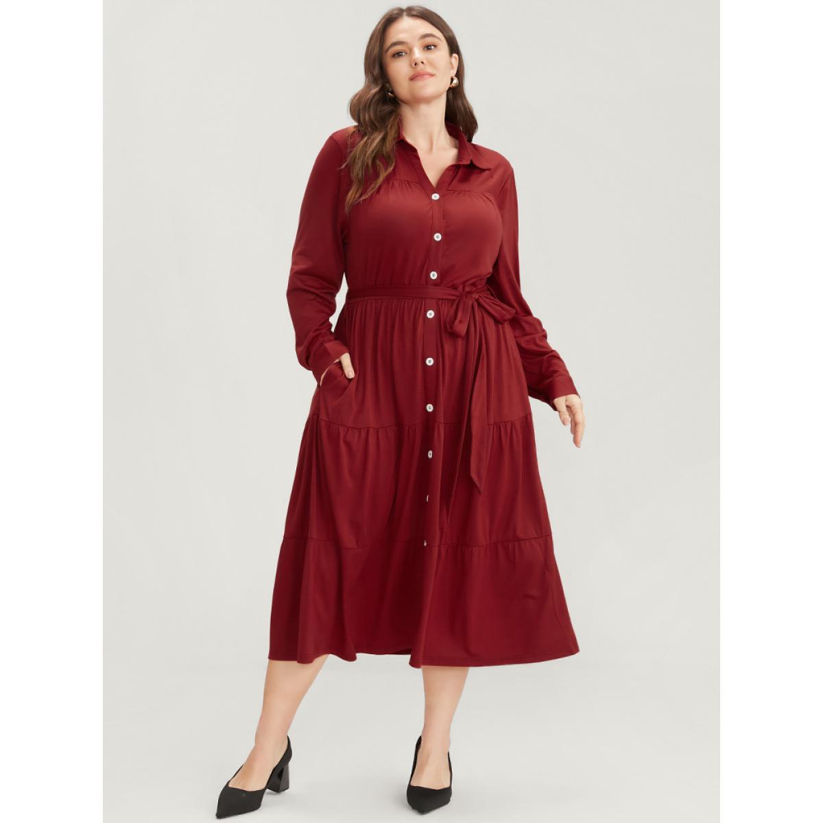 Plus Size Solid Pocket Button Up Belted Flutter Dress Scarlet Women Office Gathered Shirt collar Long Sleeve Curvy Midi Dress BloomChic 12/L Product Image