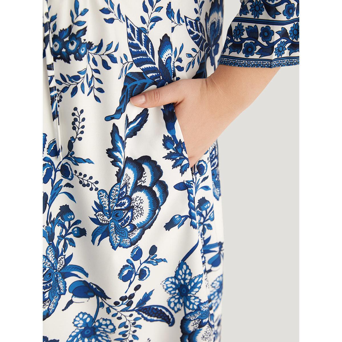 Plus Size Bandana Print Knot Neck Button Detail Dress DarkBlue Women Vacation Cross straps V-neck Elbow-length sleeve Curvy Midi Dress BloomChic 22-24/3X Product Image