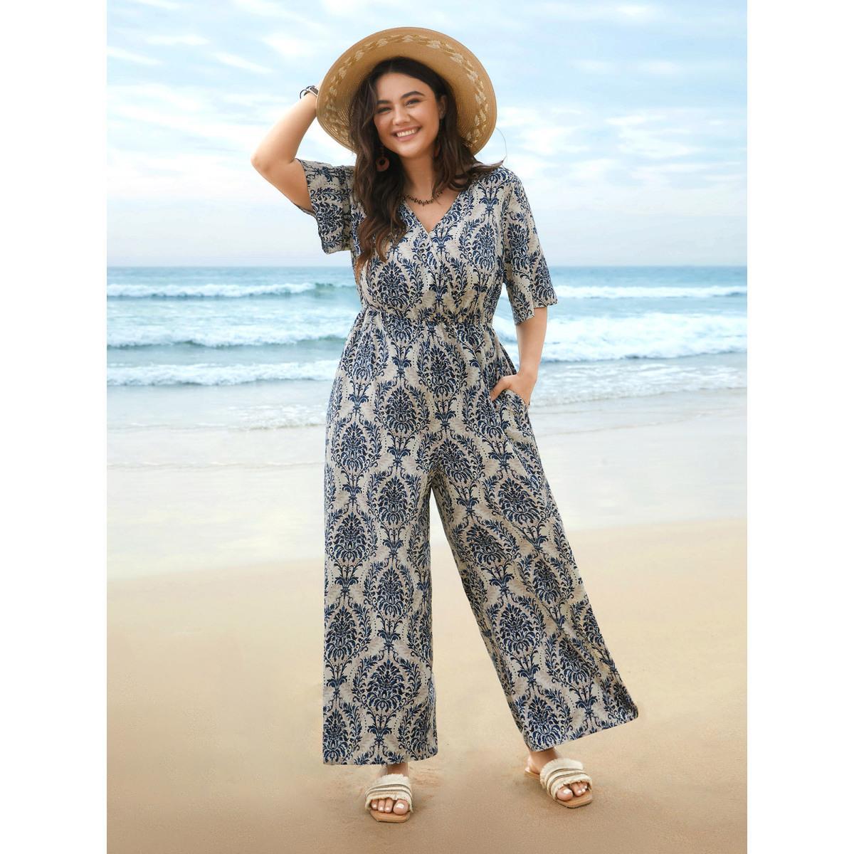 Plus Size Mediumblue Surplice Neck Ornate Print Ties Straight-Leg Jumpsuit Women Resort Half Sleeve Overlap Collar Vacation Loose Jumpsuits BloomChic 22-24/3X Product Image