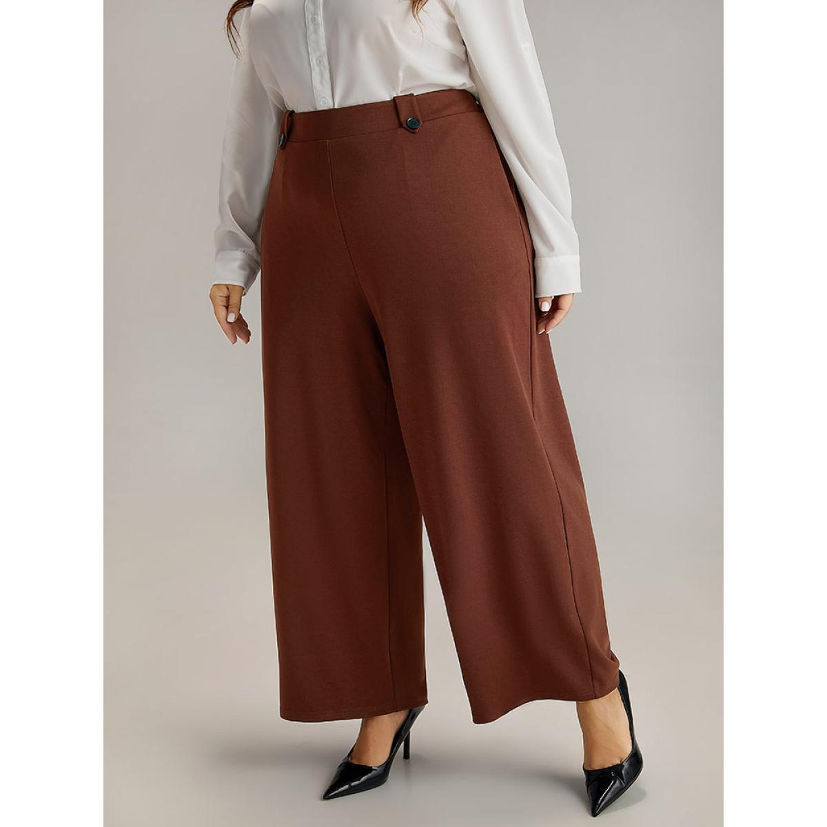 Plus Size Plain Button Detail Straight Leg Pants Women DarkBrown Office Straight Leg High Rise Work Pants BloomChic 18-20/2X Product Image