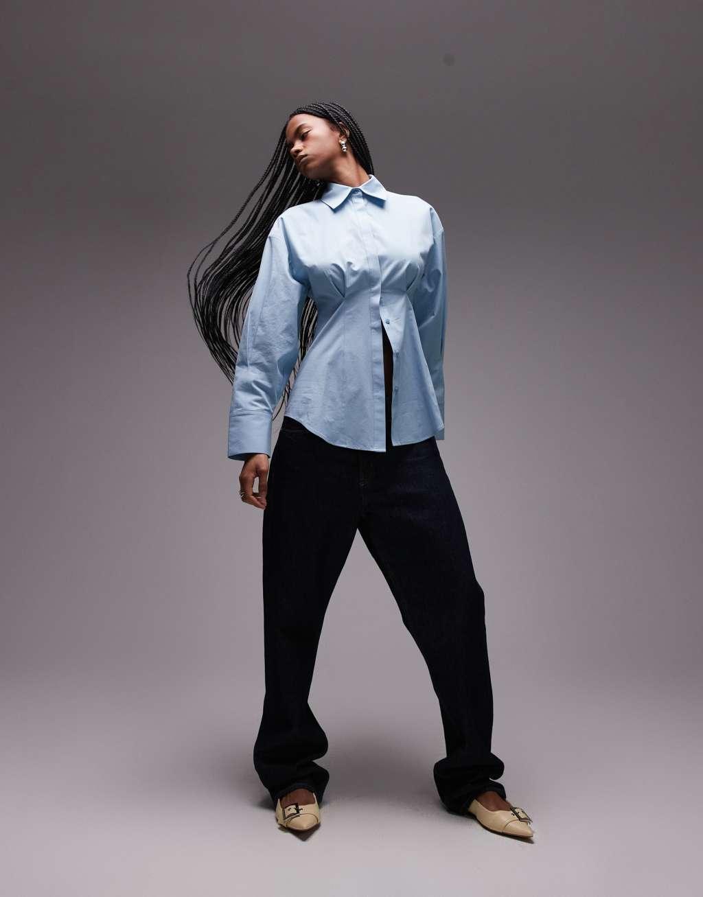 Topshop cinch waist poplin shirt in blue Product Image