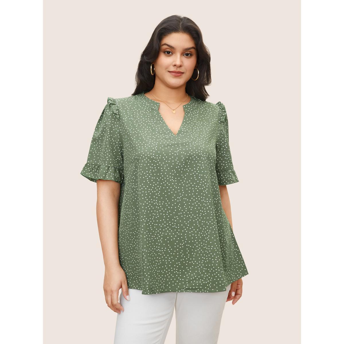 Polka Dot Ruffles Plus Size Women Blouses Elegance Casual Ruffles Ruffle Sleeve Short Sleeve V Neck Dailywear Blouses BloomChic Product Image