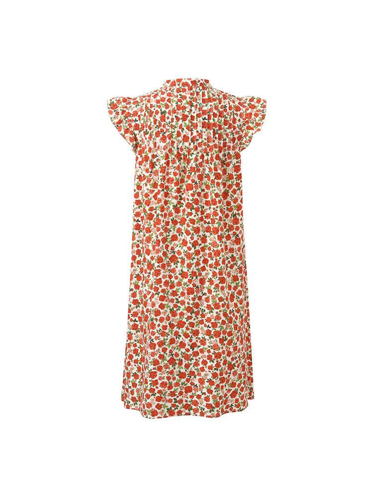 Rose Print Ruffle Sleeves Mandarin Collared Women Mini Dress Product Image