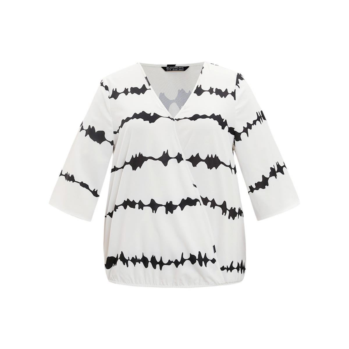 Plus Size White Striped Tie Dye V Neck Gathered Blouse Women Elegant Elbow-length sleeve V-neck Dailywear Blouses BloomChic 28/5X Product Image