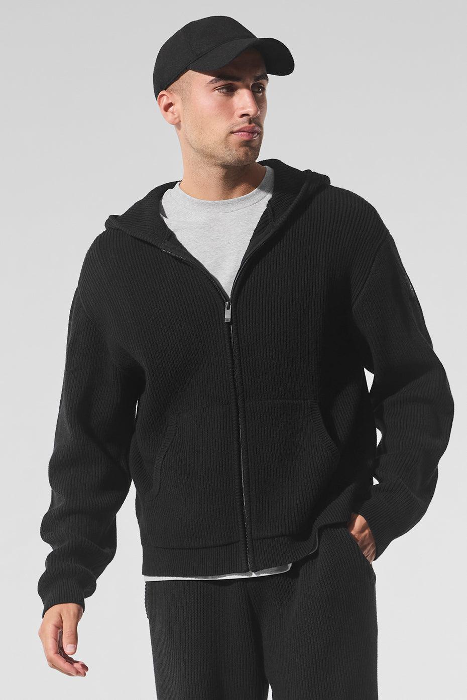 Domain Rib Knit Full Zip Sweater - Black Male Product Image