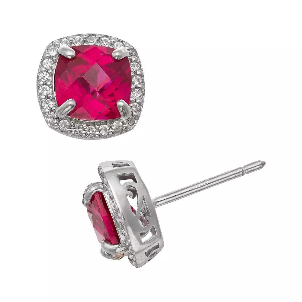 Sterling Silver Lab-Created Ruby and Lab-Created White Sapphire Halo Stud Earrings, Women's, Multi Product Image