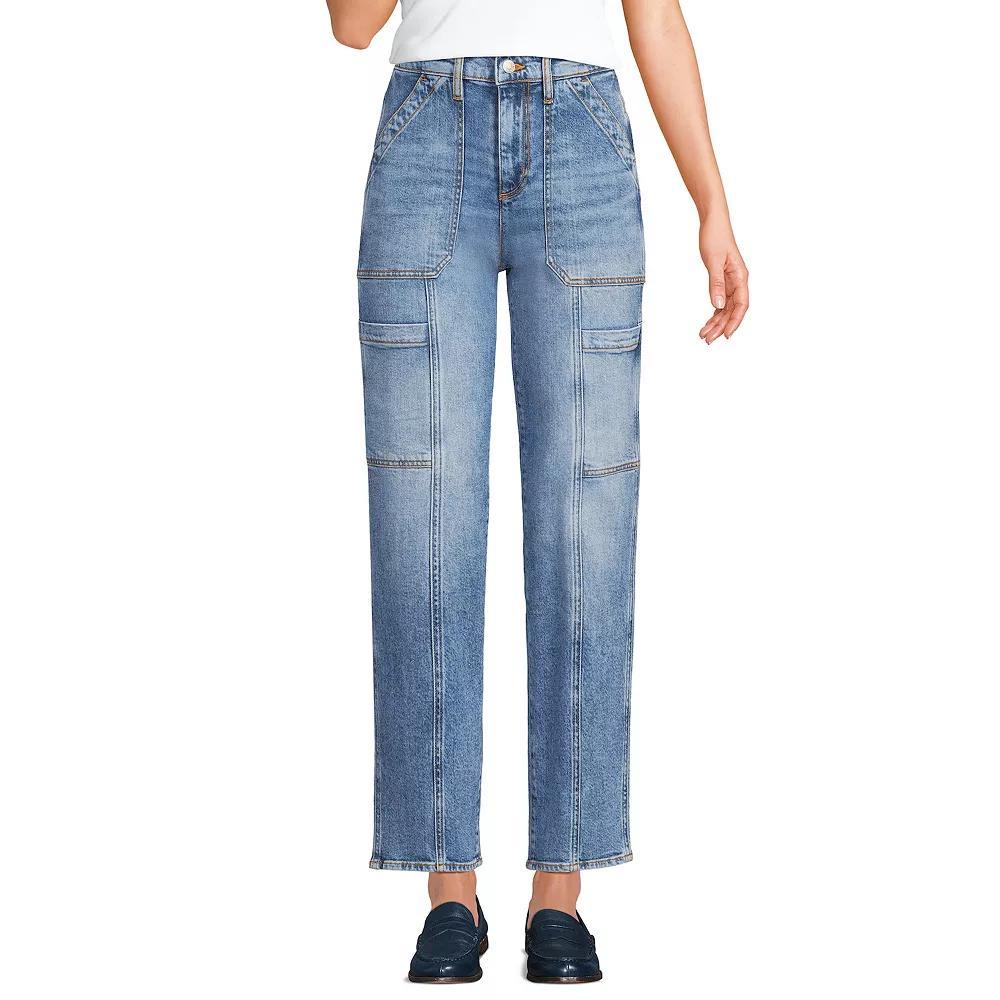Women's Lands' End High-Rise Utility Cargo Ankle Jeans, Size: 14, River Rinse Product Image