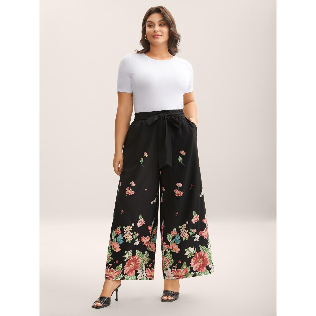 Plus Size Floral Print Belted Wide-Leg Pants Women BlackFlower Resort Wide Leg Mid Rise Vacation Pants BloomChic 30/6X Product Image