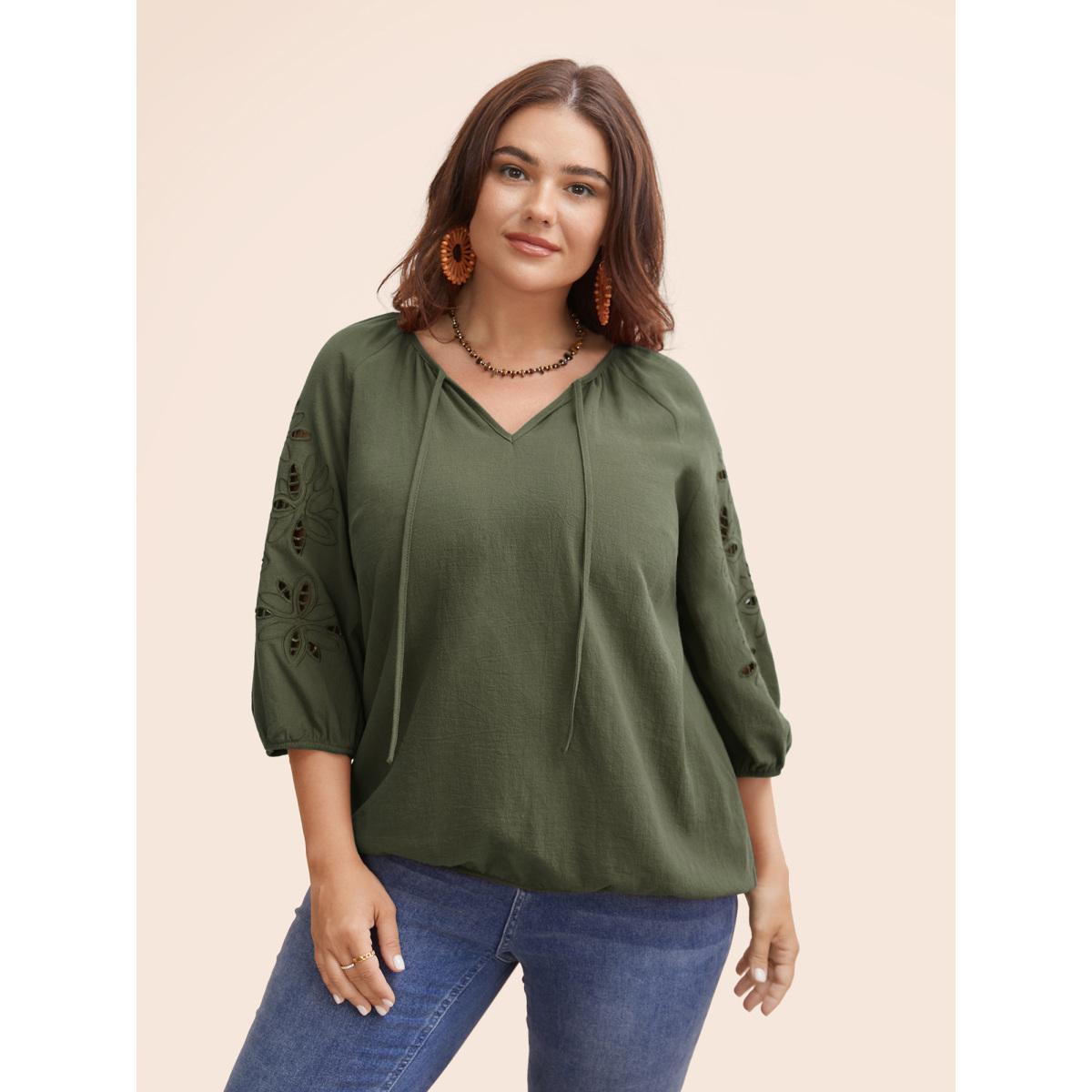 Plus Size Rust Broderie Anglaise Gathered Tie Knot Blouse Women Resort Elbow-length sleeve Round Neck Vacation Blouses BloomChic 22-24/3X Product Image