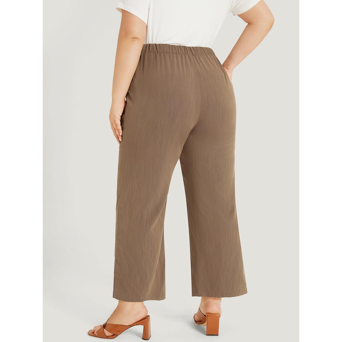 Plus Size Plain Pocket Ties Elastic Waist Straight Leg Pants Women DarkBrown Elegant Straight Leg High Rise Dailywear Pants BloomChic 10/M Product Image