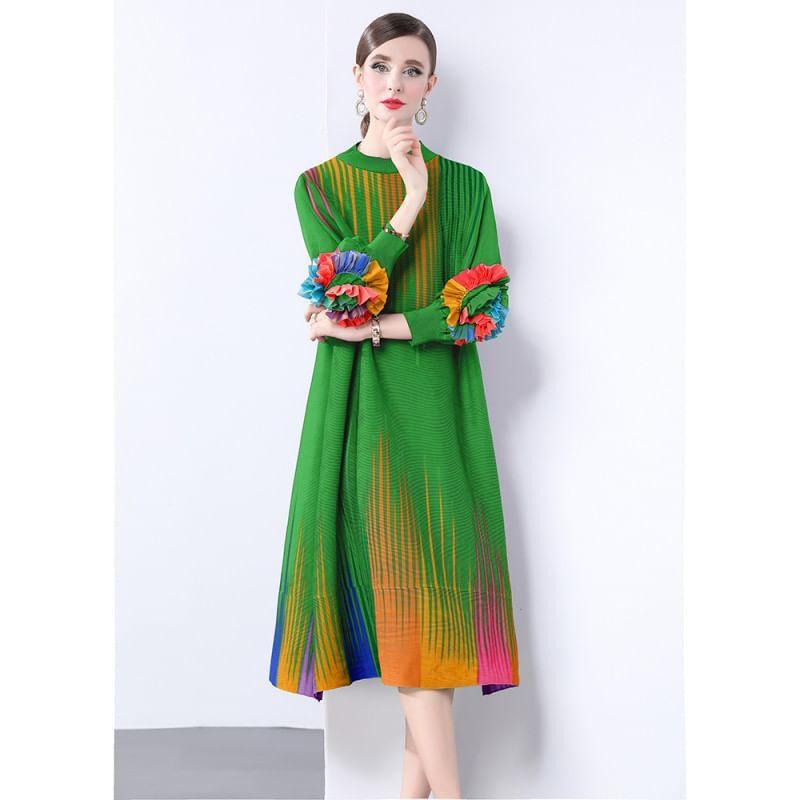 Long-Sleeve Round Neck Print Floral Accent Maxi Tunic Dress Product Image