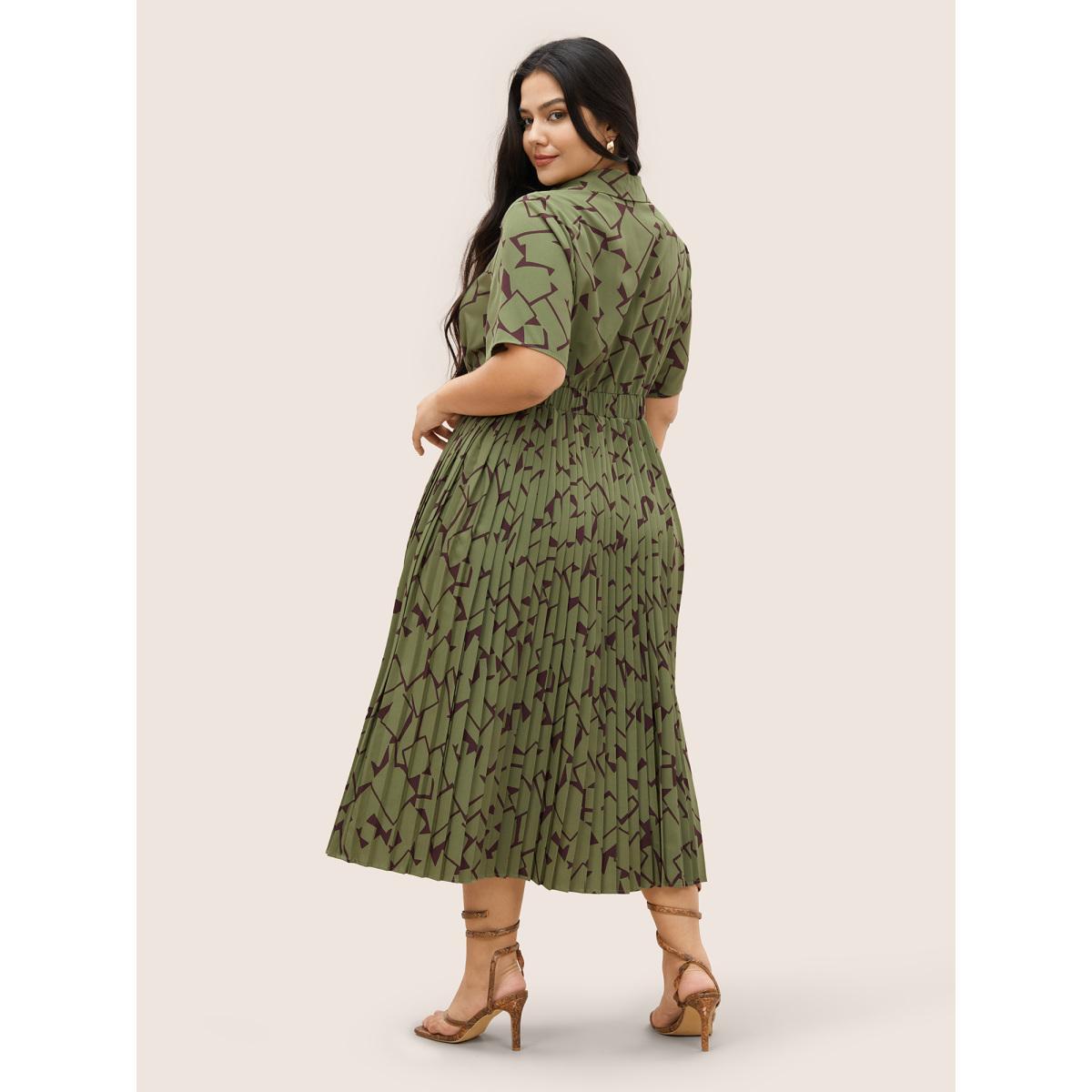 Plus Size Shirt Collar Geometric Button Up Pleated Dress Moss Women At the Office Pleated Shirt collar Short sleeve Curvy Midi Dress BloomChic 14-16/1X Product Image