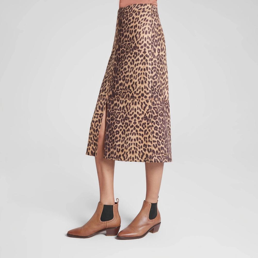 Women's Faux Suede Midi A-Line Skirt - A New Day™ Brown Leopard Print XL Product Image