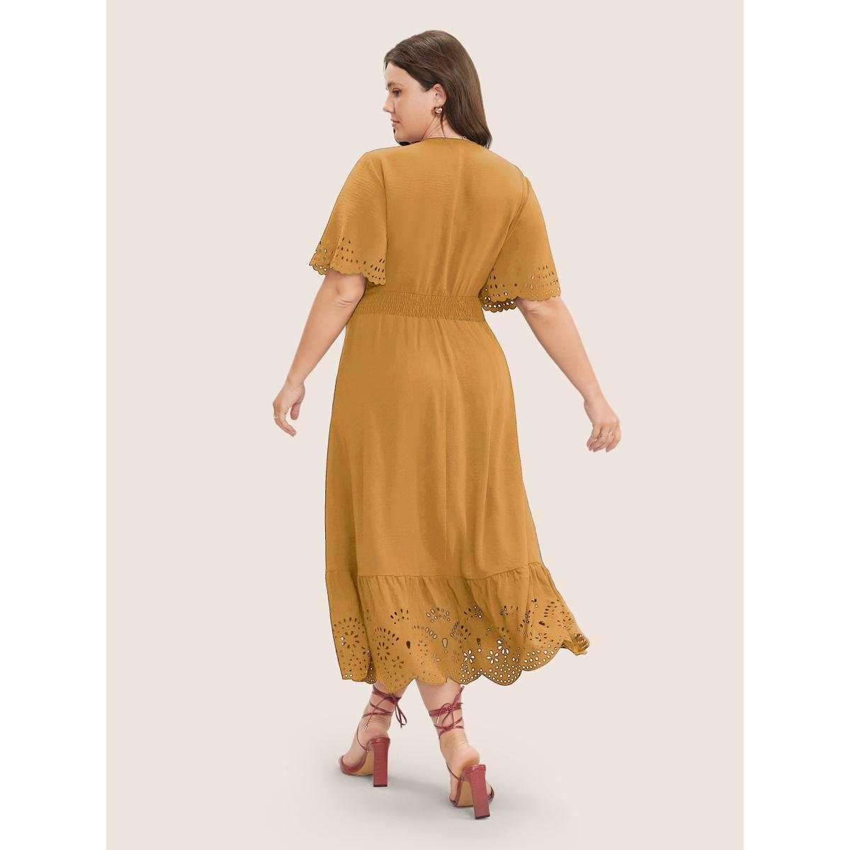 Plus Size Solid Laser Cut Shirred Pocket Wrap Scalloped Trim Flutter Dress Yellow Women Elegant Non V-neck Short sleeve Curvy Midi Dress BloomChic 10/M Product Image