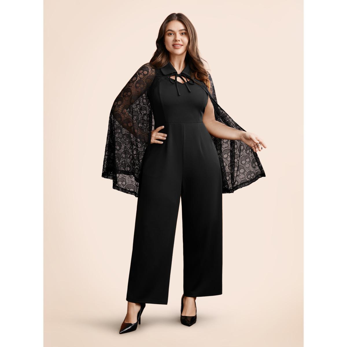 Plus Size Black Stretch Fabric Ghostly Cape With Jumpsuit Women Cocktail Sleeveless Shirt collar Party Loose Jumpsuits BloomChic 12/L Product Image