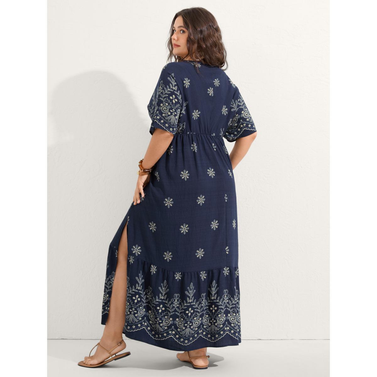 Plus Size Surplice Neck Split Side Pockets Midi Dress Midnight Women Overlapping Overlap Collar Half Sleeve Curvy BloomChic 12/L Product Image