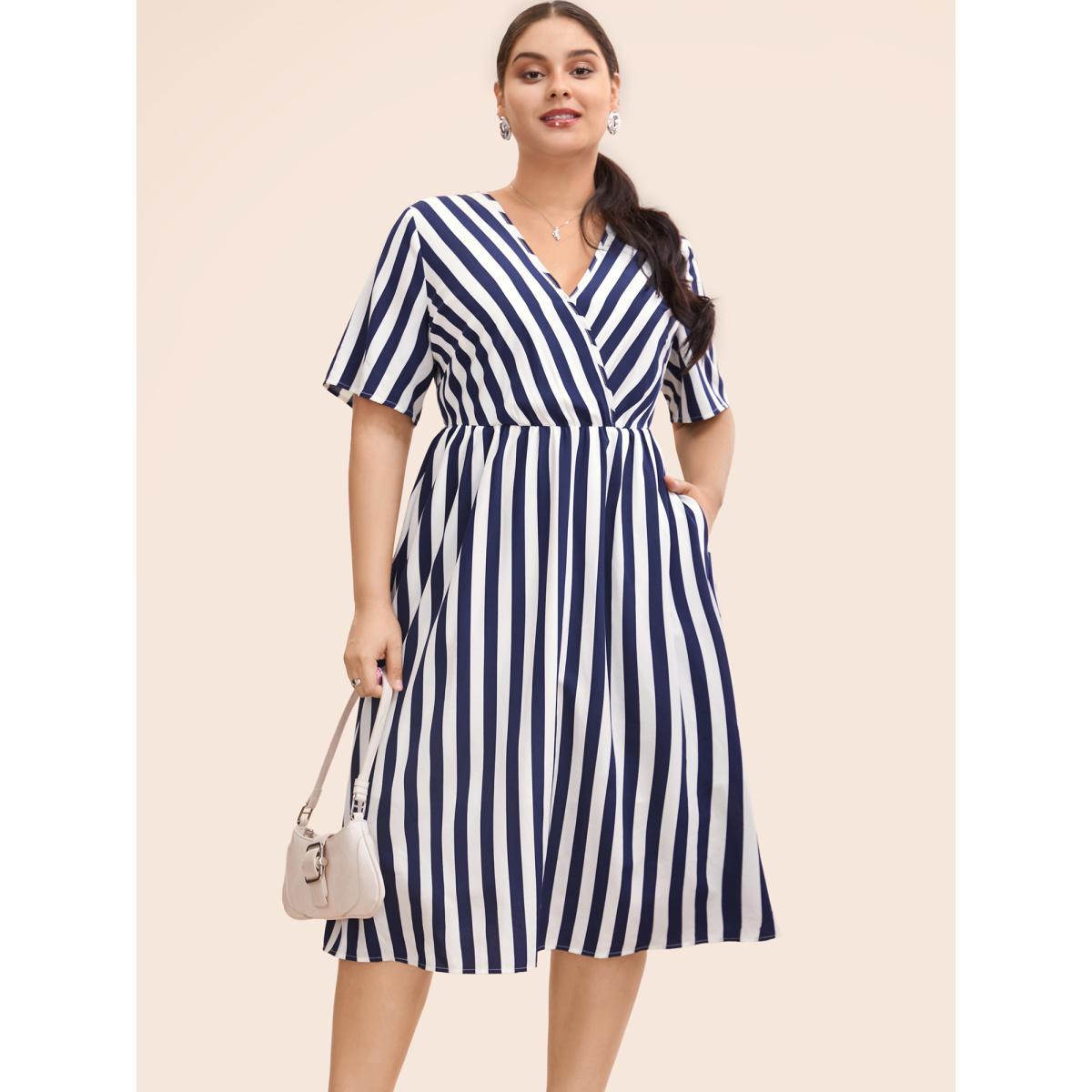 Plus Size Striped Overlap Collar Ruffle Sleeve Midi Dress Indigo Women At the Office Non Overlap Collar Half Sleeve Curvy BloomChic 14-16/1X Product Image