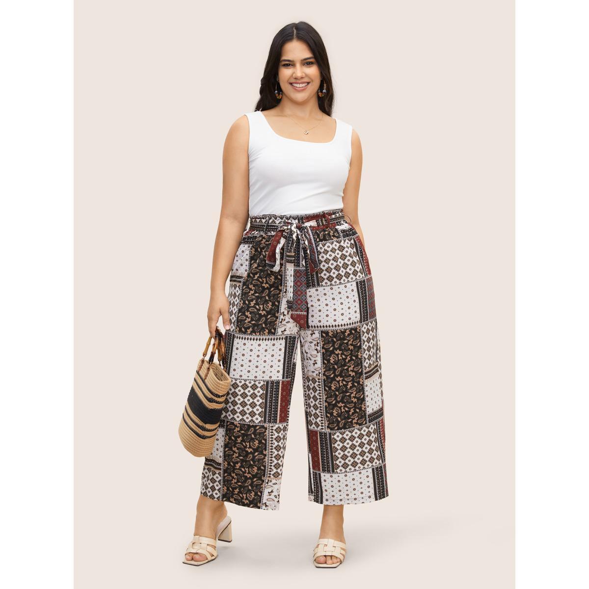 Plus Size Patchwork Floral Belted Wide Leg Pants Women Deepred Resort Wide Leg High Rise Vacation Pants BloomChic 14-16/1X Product Image