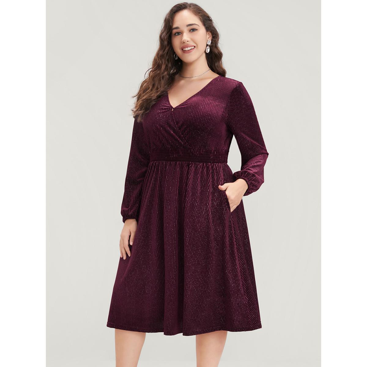 Plus Size Glitter Lantern Sleeve Surplice Neck Shirred Dress Burgundy Women Party Plain V-neck Long Sleeve Curvy Knee Dress BloomChic 28/5X Product Image