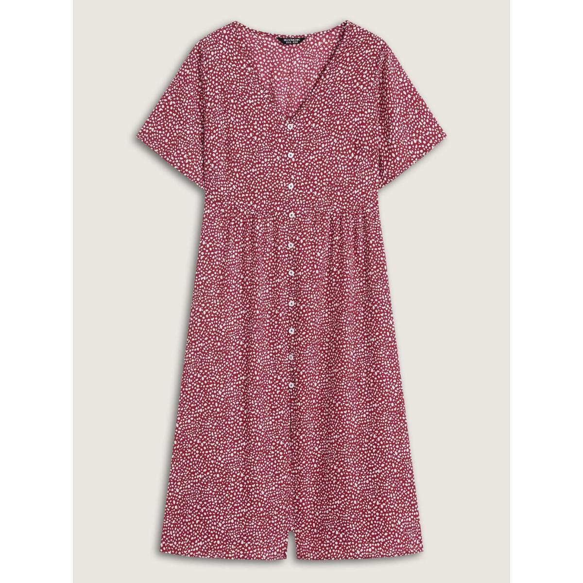 Plus Size Polka Dots Button Front Midi Dress Crimson Women Button V-neck Short sleeve Curvy BloomChic 26/4X Product Image