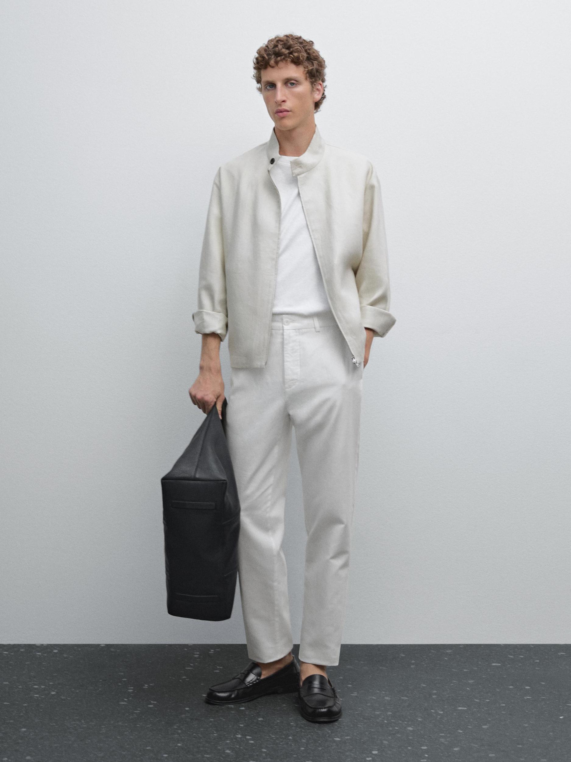 Cotton and linen blend tapered fit trousers Product Image