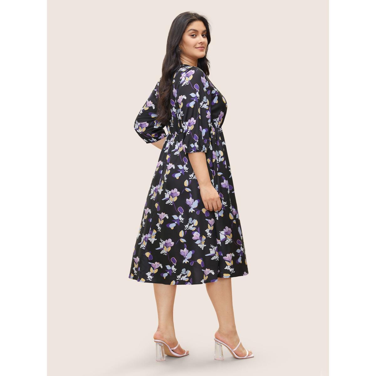 Plus Size Floral Wrap Elastic Waist Lantern Sleeve Cropped Dress Black Women Elegant Non Overlap Collar Elbow-length sleeve Curvy Midi Dress BloomChic 22-24/3X Product Image