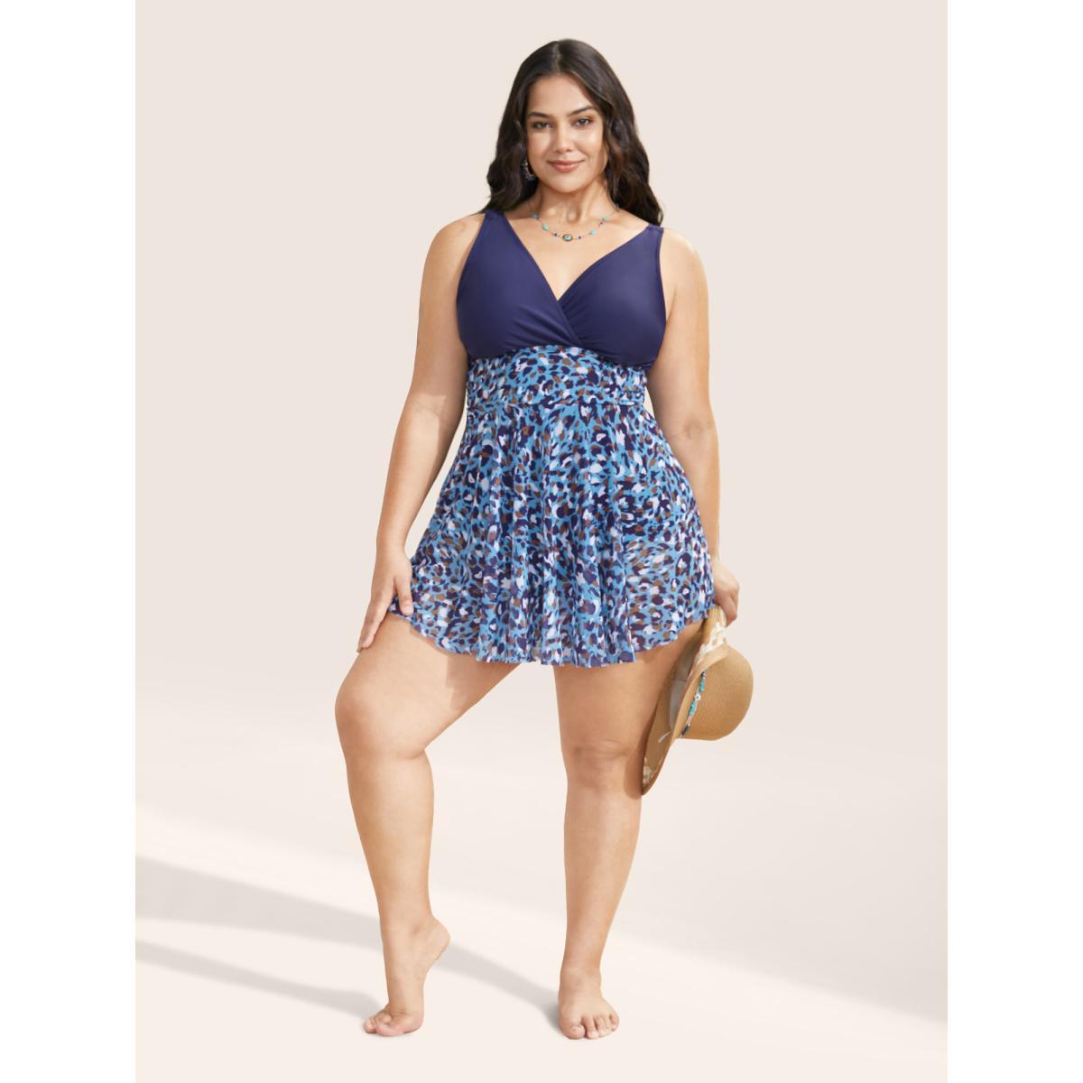 Plus Size V Neck Leopard Print Patchwork Swim Dress Women's Swimwear Indigo Beach Bodycon Overlap Collar High stretch Curve Swim Dresses BloomChic 10/M Product Image