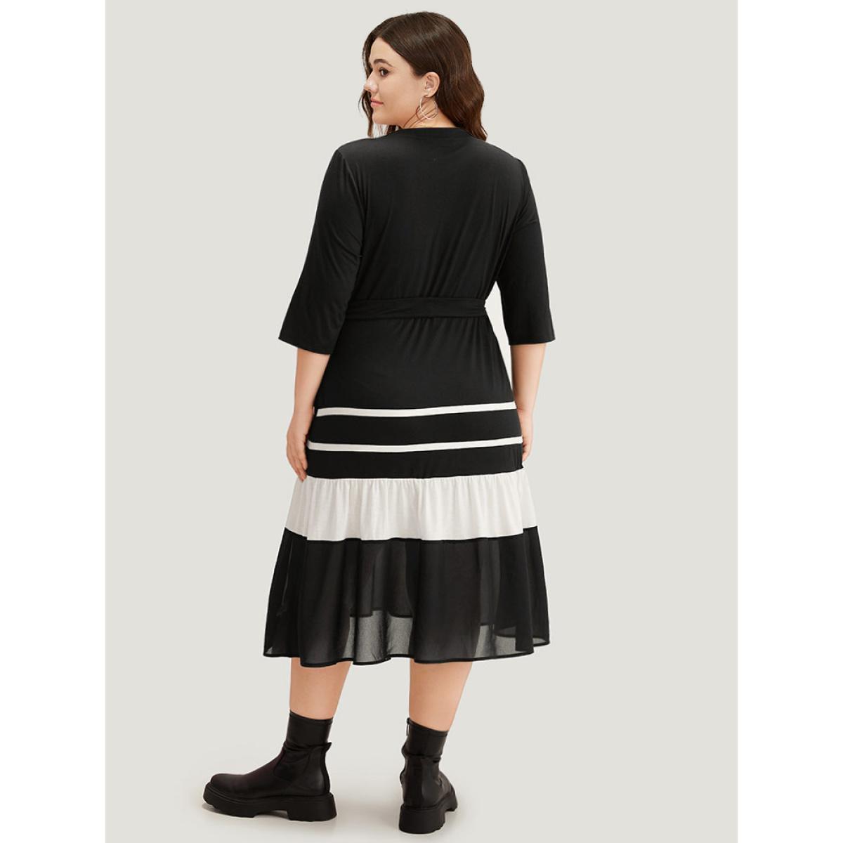 Plus Size Colorblock Contrast Belted Ruffle Layered Hem Dress Black Women Casual See through Round Neck Elbow-length sleeve Curvy Midi Dress BloomChic 26/4X Product Image
