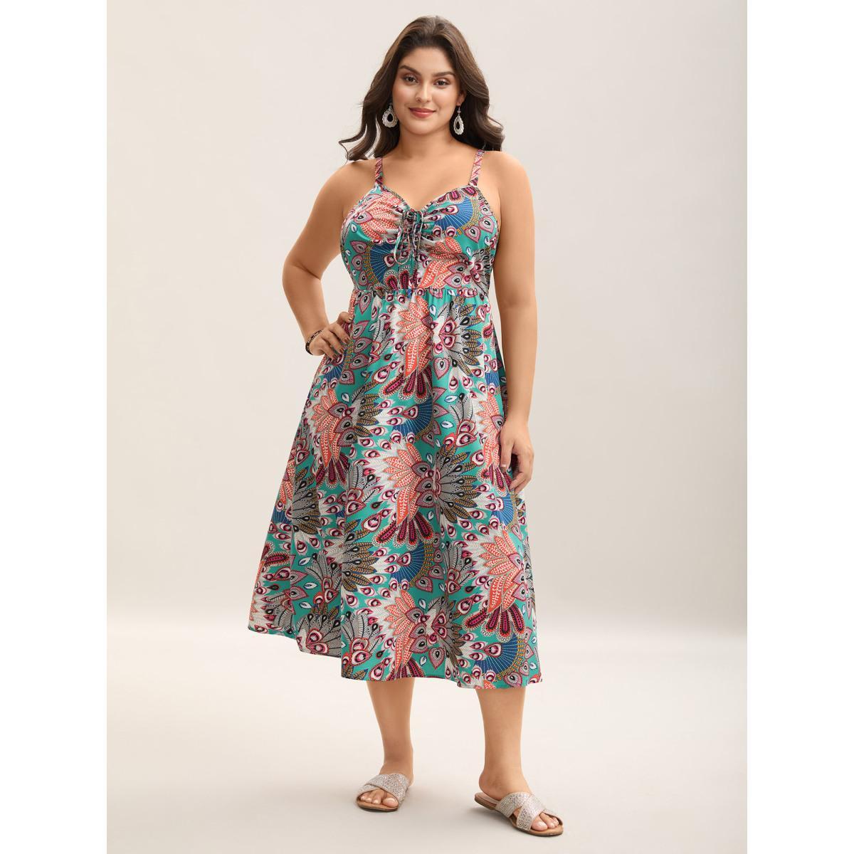 Plus Size Boho Floral Print Pockets Midi Dress Turquoise Women Drawstring V-neck Sleeveless Curvy BloomChic 26/4X Product Image