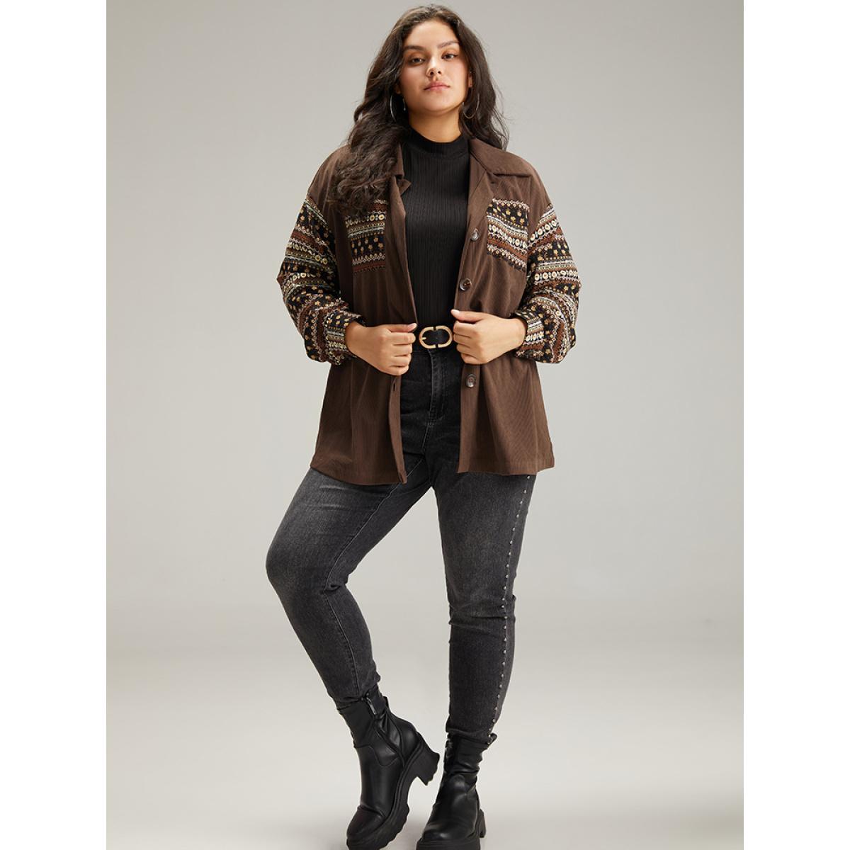 Plus Size Bandana Print Patchwork Button Through Jacket Women DarkBrown Contrast Pocket Dailywear Jackets BloomChic 18-20/2X Product Image
