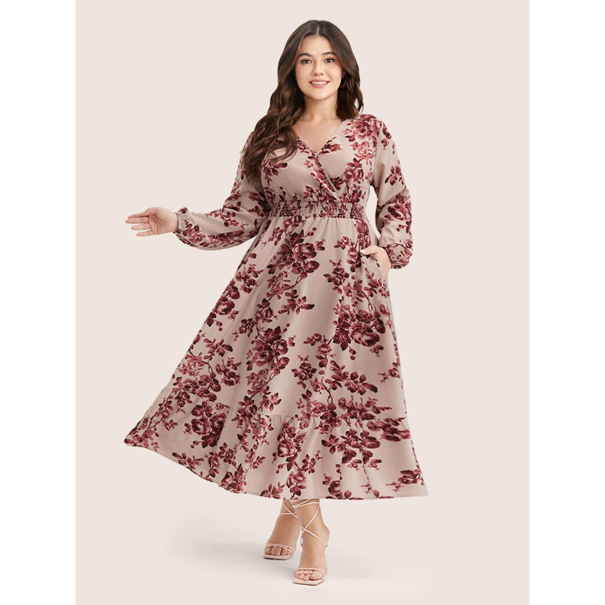 Plus Size Floral Wrap Lantern Sleeve Pocket Shirred Ruffle Hem Dress DustyPink Women Elegant Pocket V-neck Long Sleeve Curvy Midi Dress BloomChic 26/4X Product Image