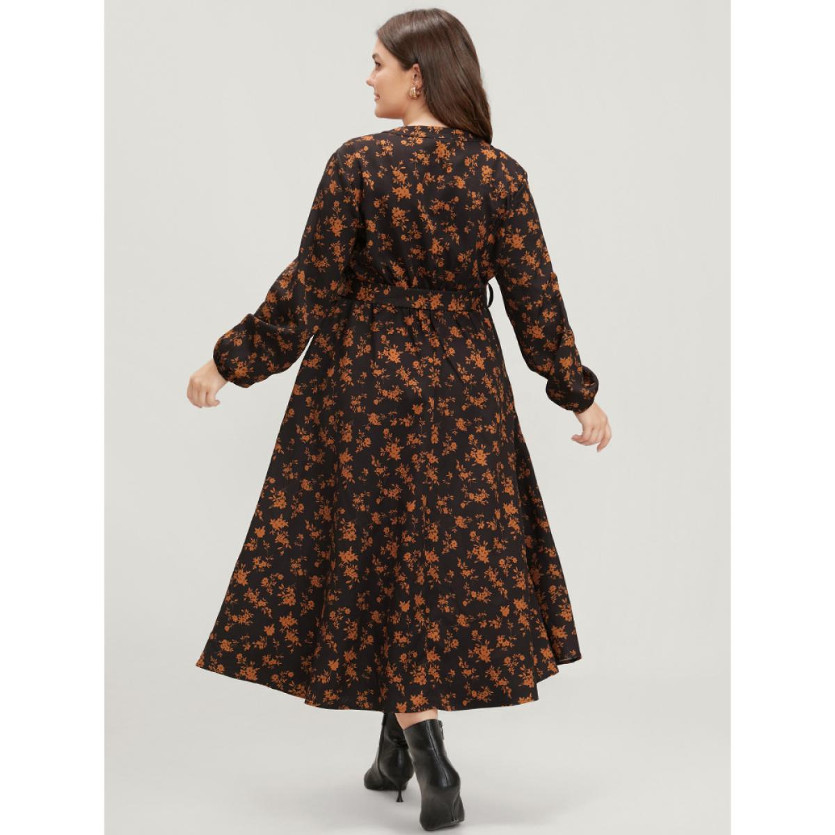 Plus Size Ditsy Floral Pocket Belted Lantern Sleeve Midi Dress Black Women Elegant Button V-neck Long Sleeve Curvy Midi Dress BloomChic 14-16/1X Product Image