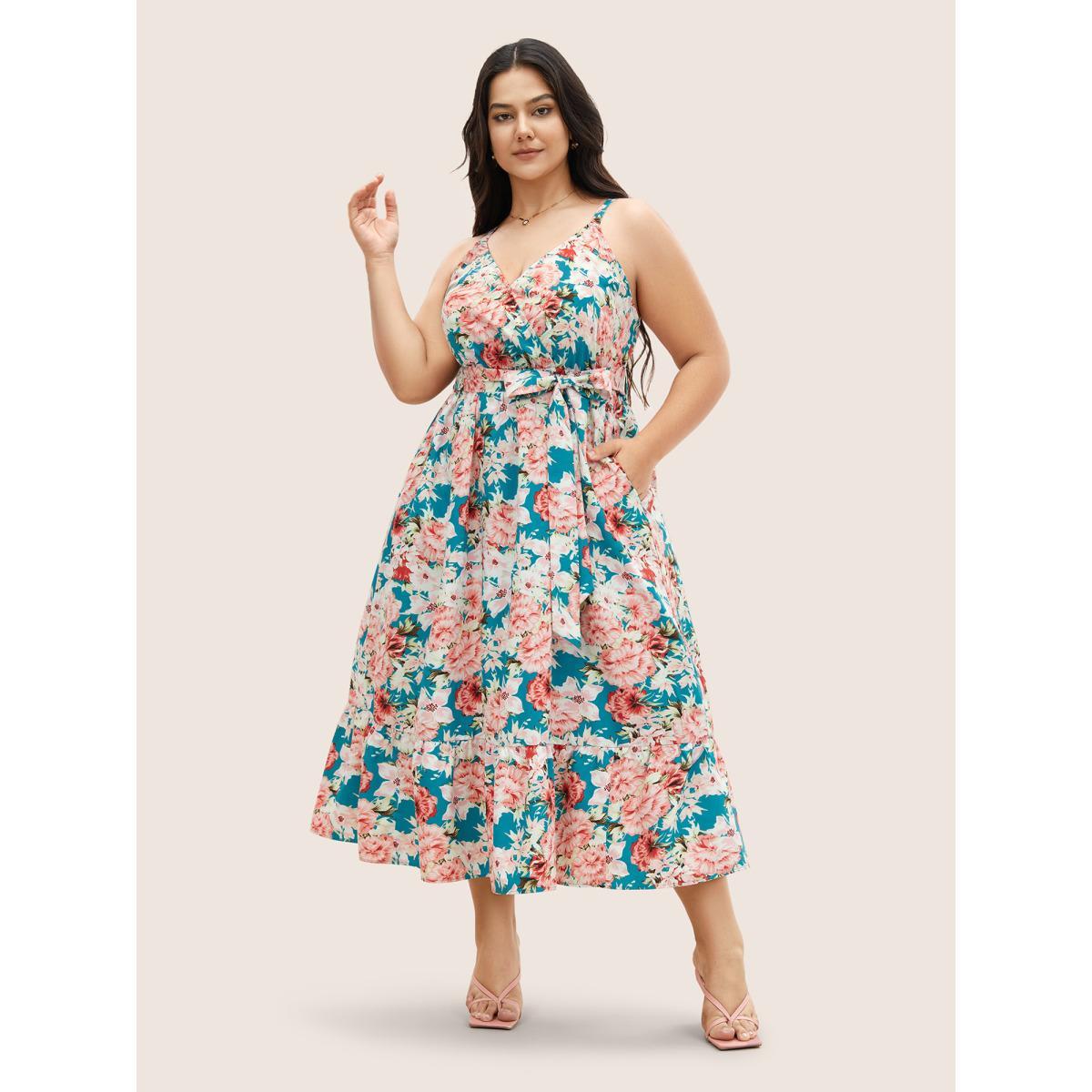 Plus Size Floral Print Wrap Belted Cami Dress Cerulean Women Elegant Overlapping Non Sleeveless Curvy Midi Dress BloomChic 30/6X Product Image